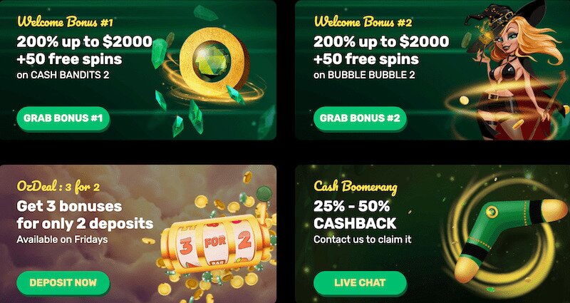 Ozwin Casino Bonuses page screenshot