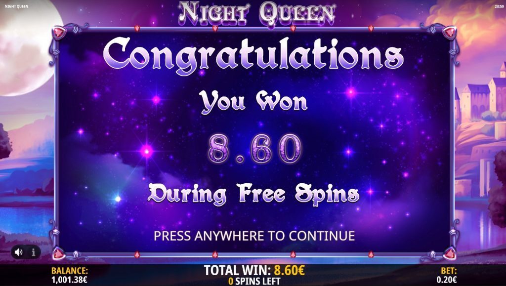 Night Queen Free Spins Total Win