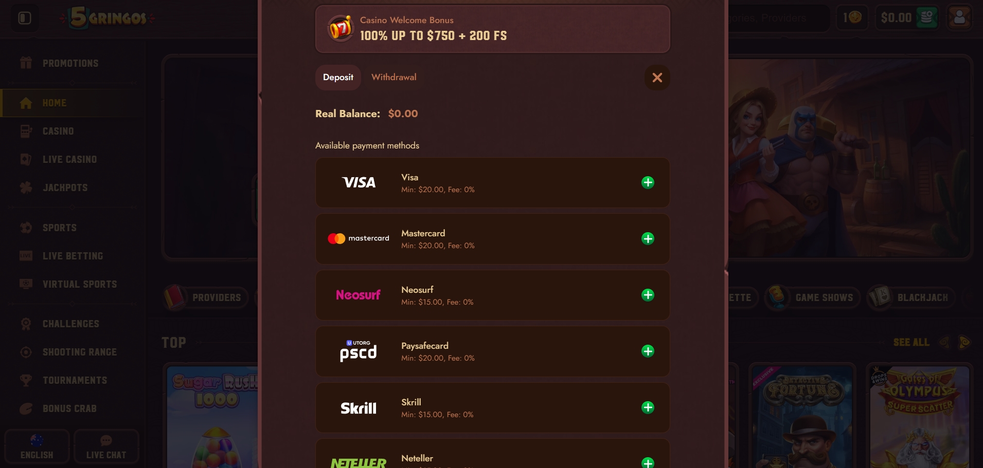 5Gringos Casino Deposit methods