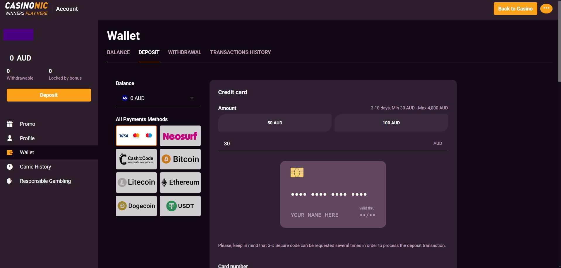 Casinonic Deposit methods