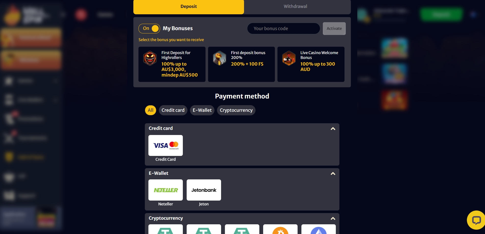 HellSpin Casino Deposit page