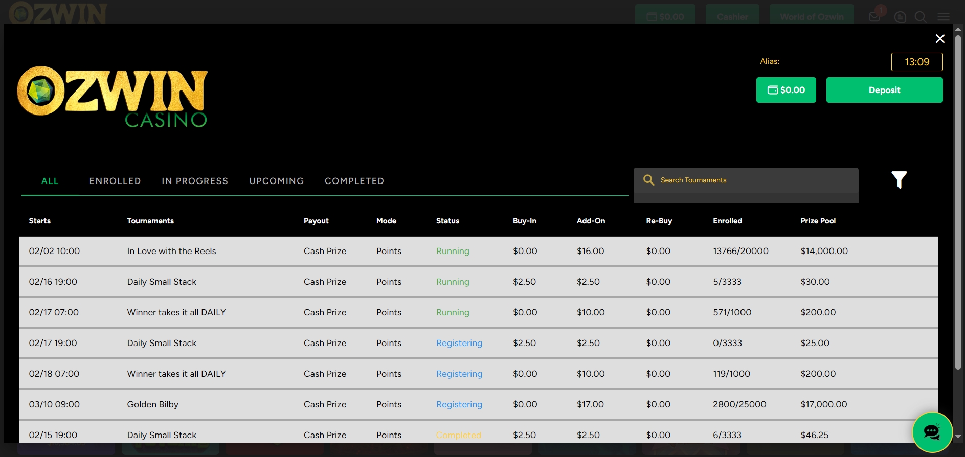 Ozwin Casino Tourneys