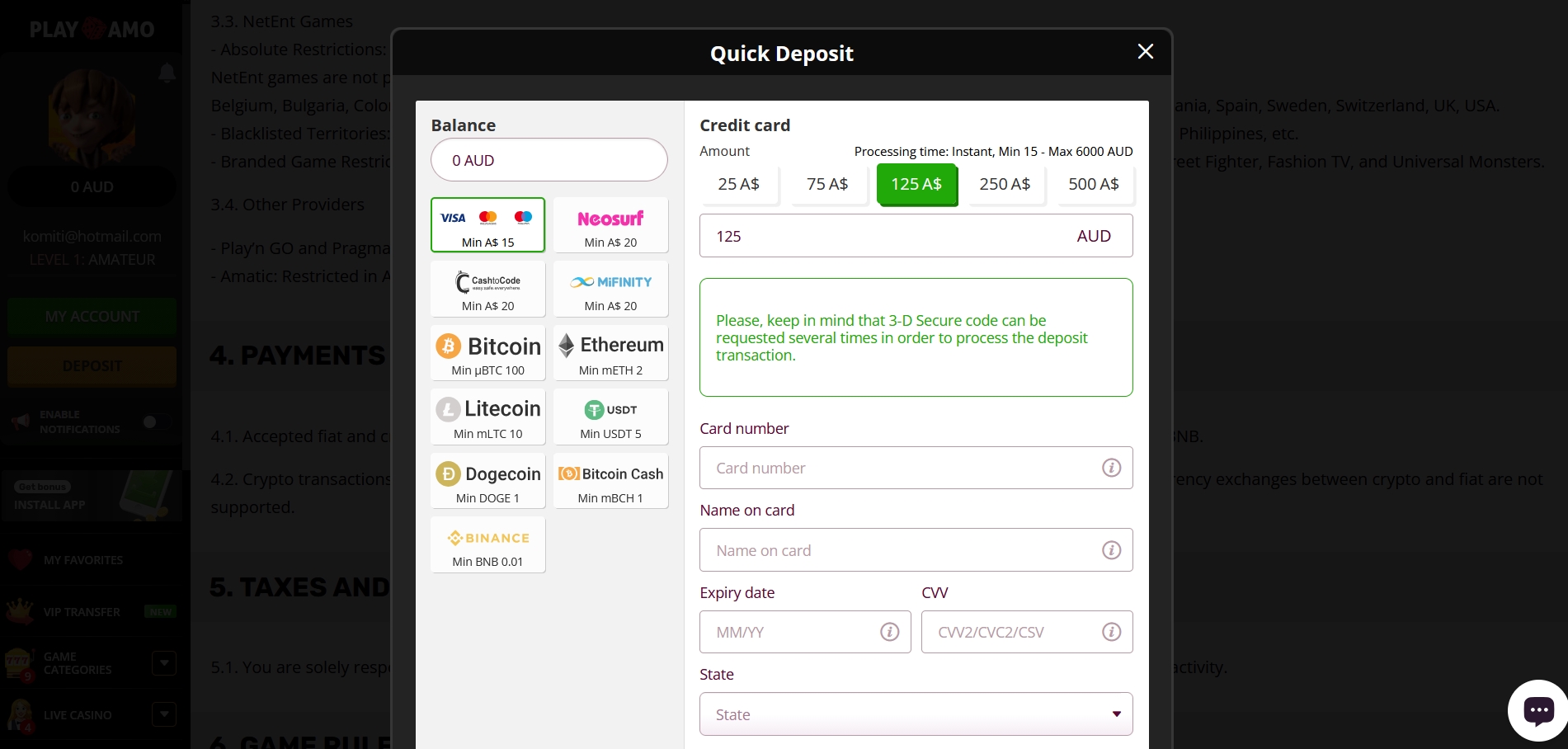 Playamo Deposit methods