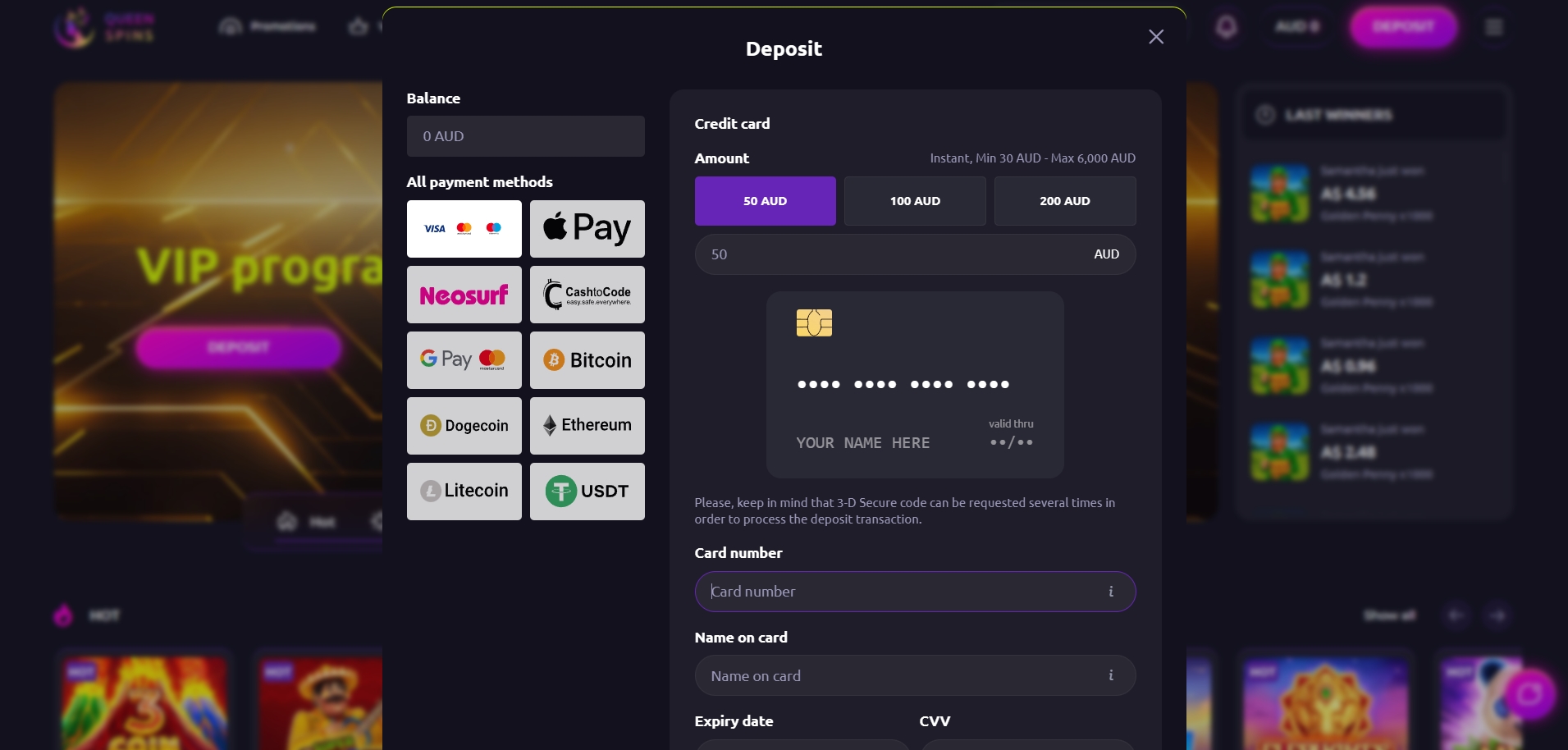Queenspins Casino Deposit methods
