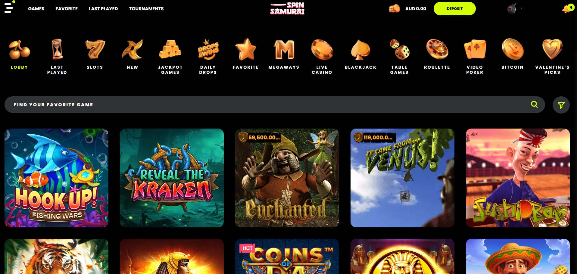 Spin Samurai Casino Lobby