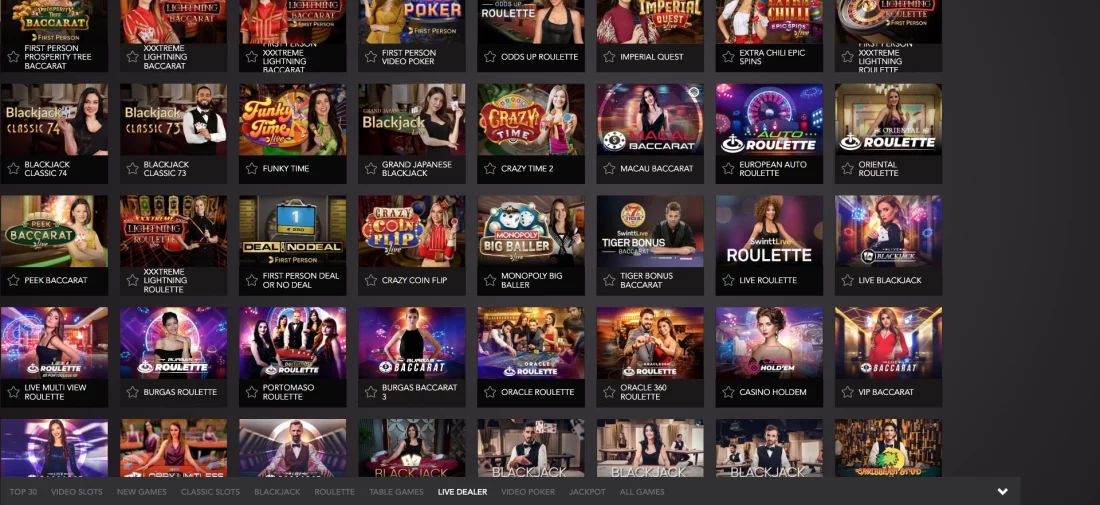 An 8x5 grid of live dealer game logos on a black background