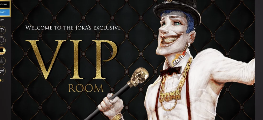 A white cartoon joker character on a black background with text that says 'welcome to the joka's exclusive VIP room'