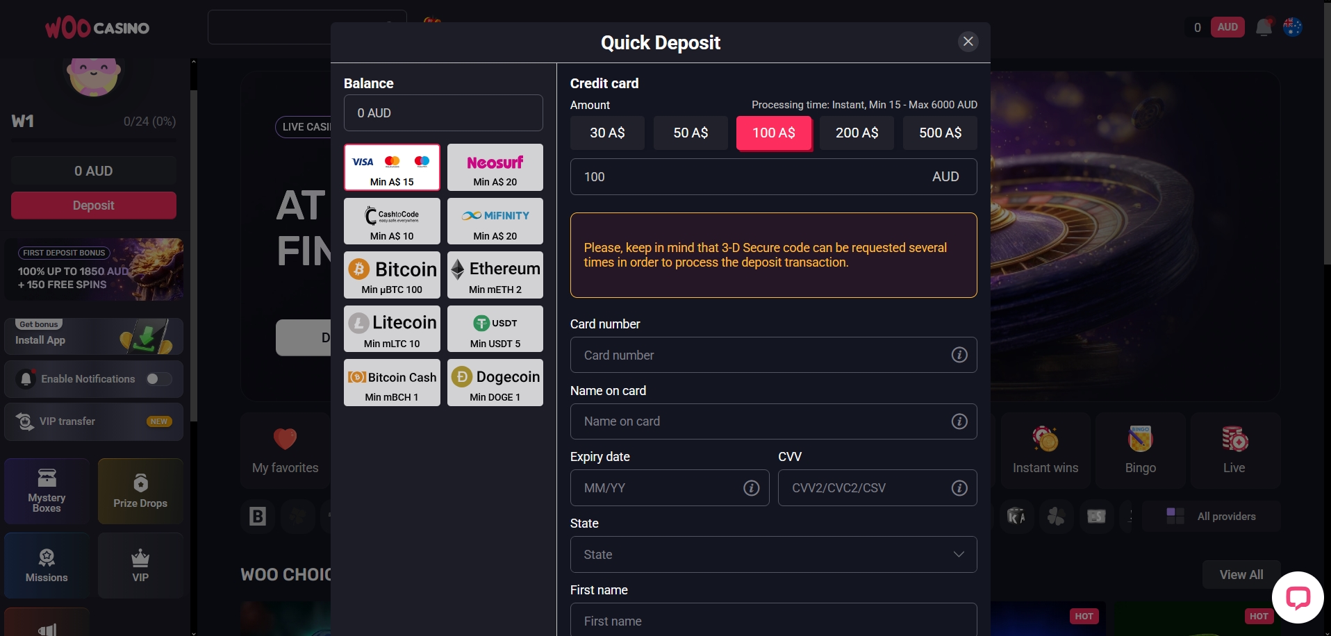 Woocasino Deposit methods