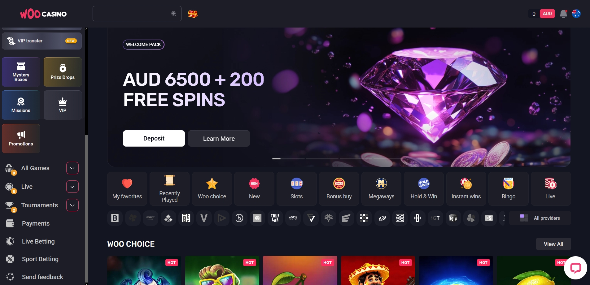 Woocasino main page
