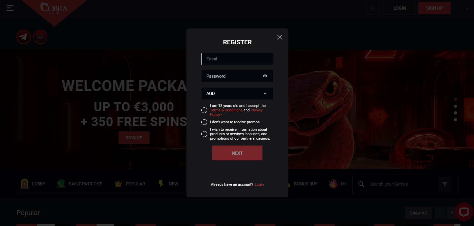 Cobra Casino Signup 1