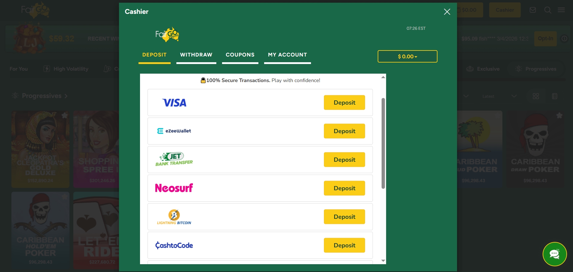 Fair Go Casino Deposit methods