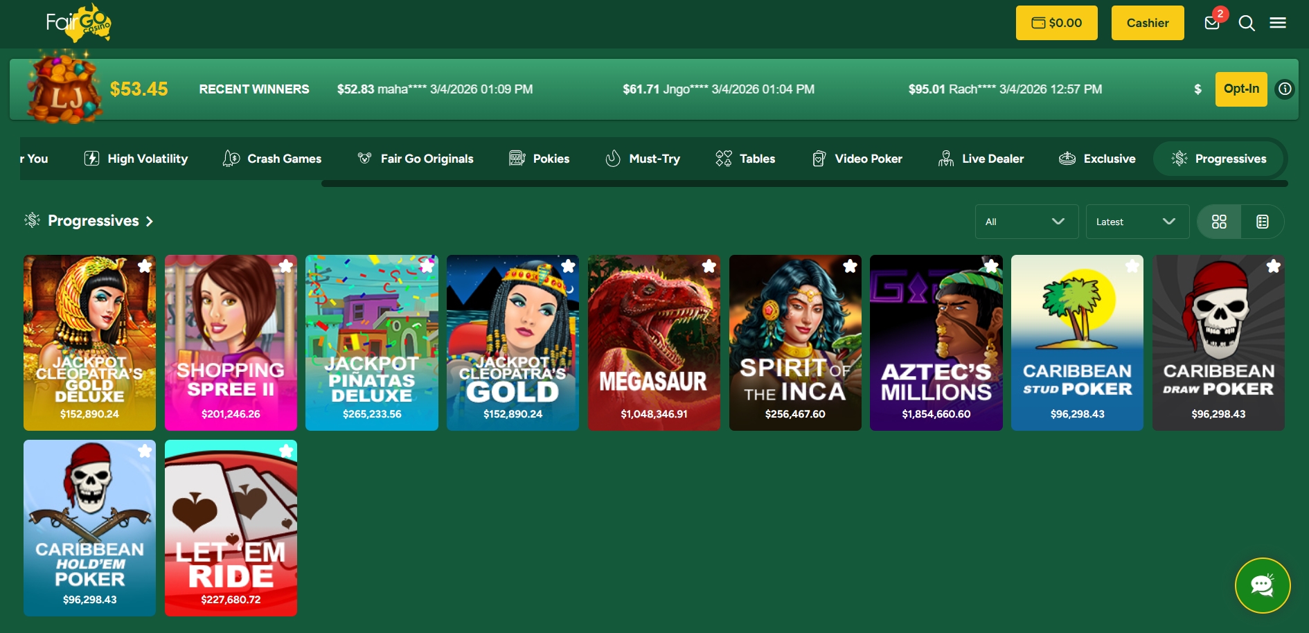 Fair Go Casino Progressive Jackpot Games