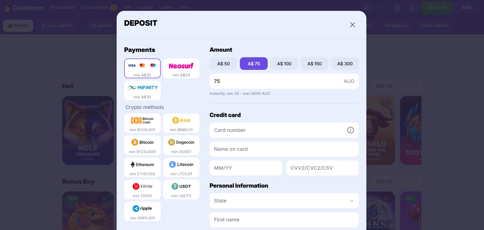 Goodman Casino deposit methods