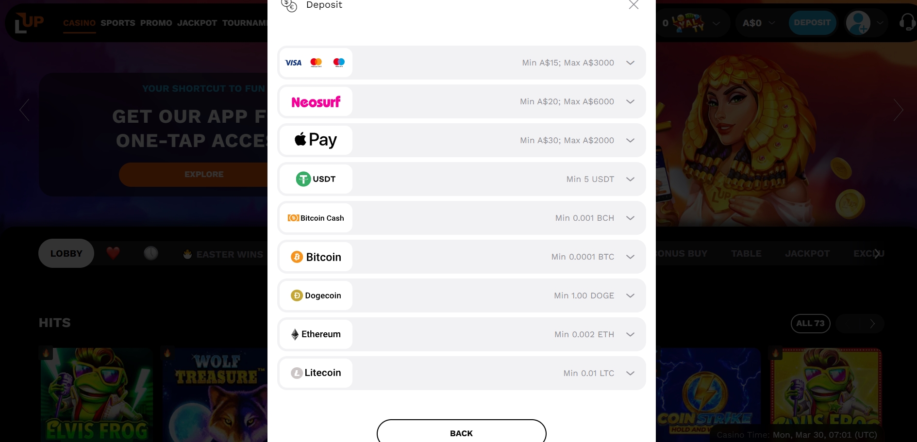 LevelUp Casino Deposit methods