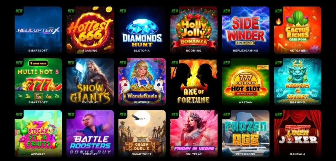 A 6x3 grid of colourful game logos on a black background