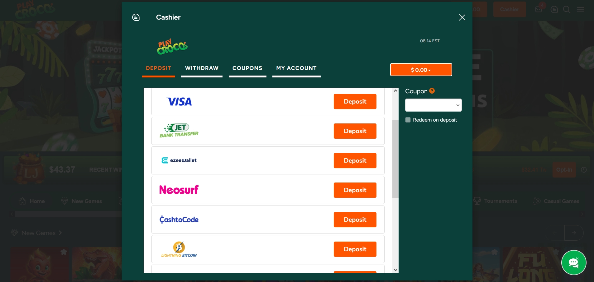 PlayCroco Casino Deposit methods