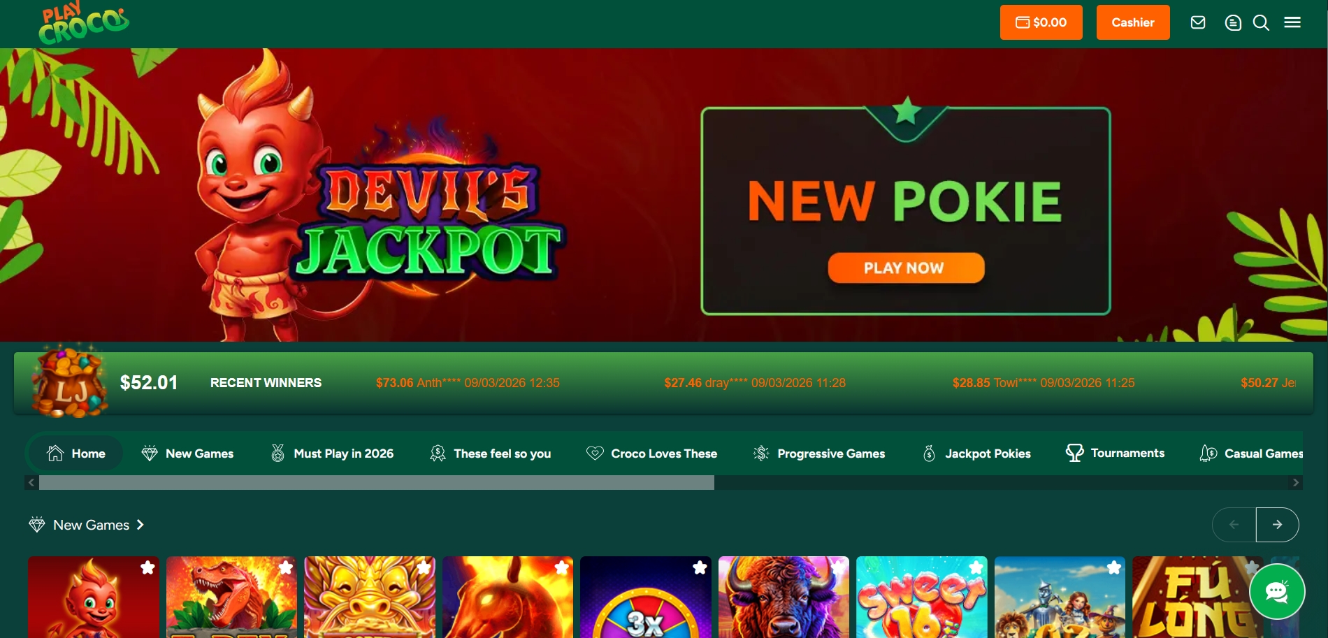 PlayCroco Casino main page
