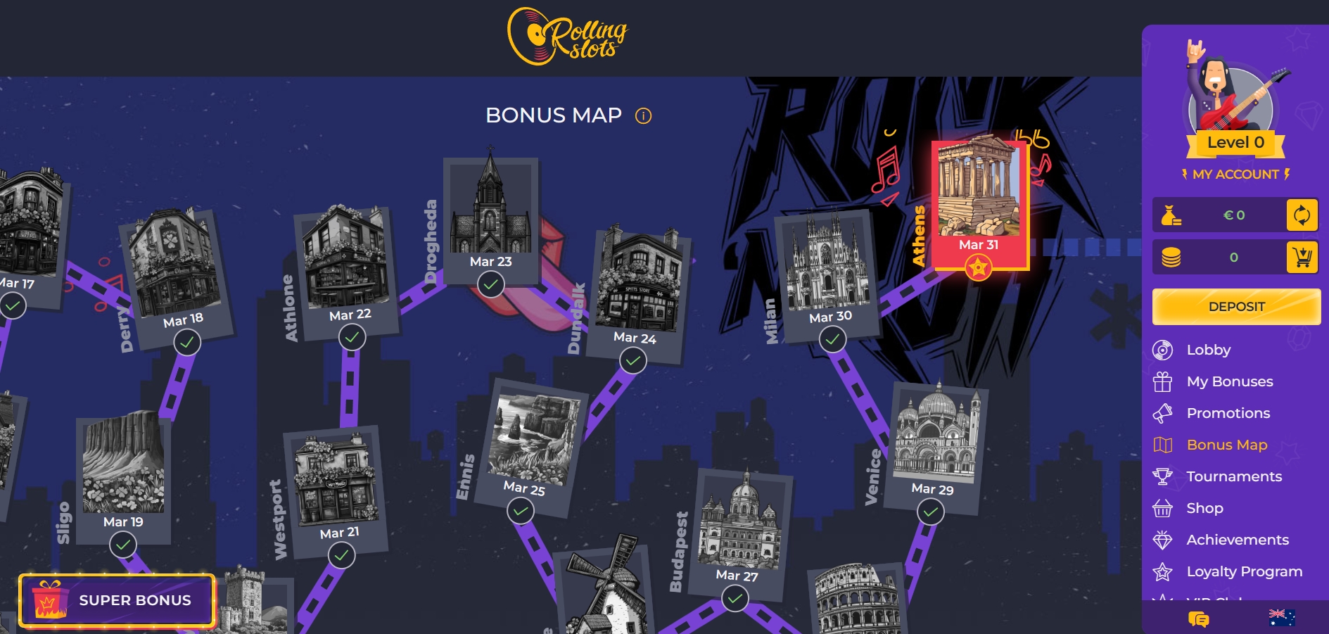 Rolling Slots Casino Bonus Map