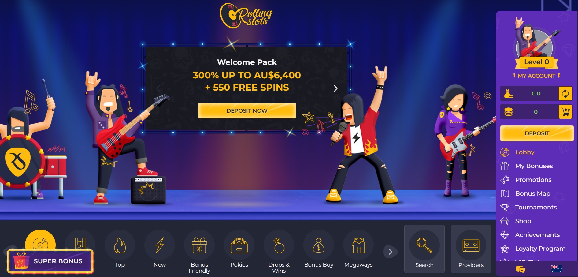 Rolling Slots Casino main page