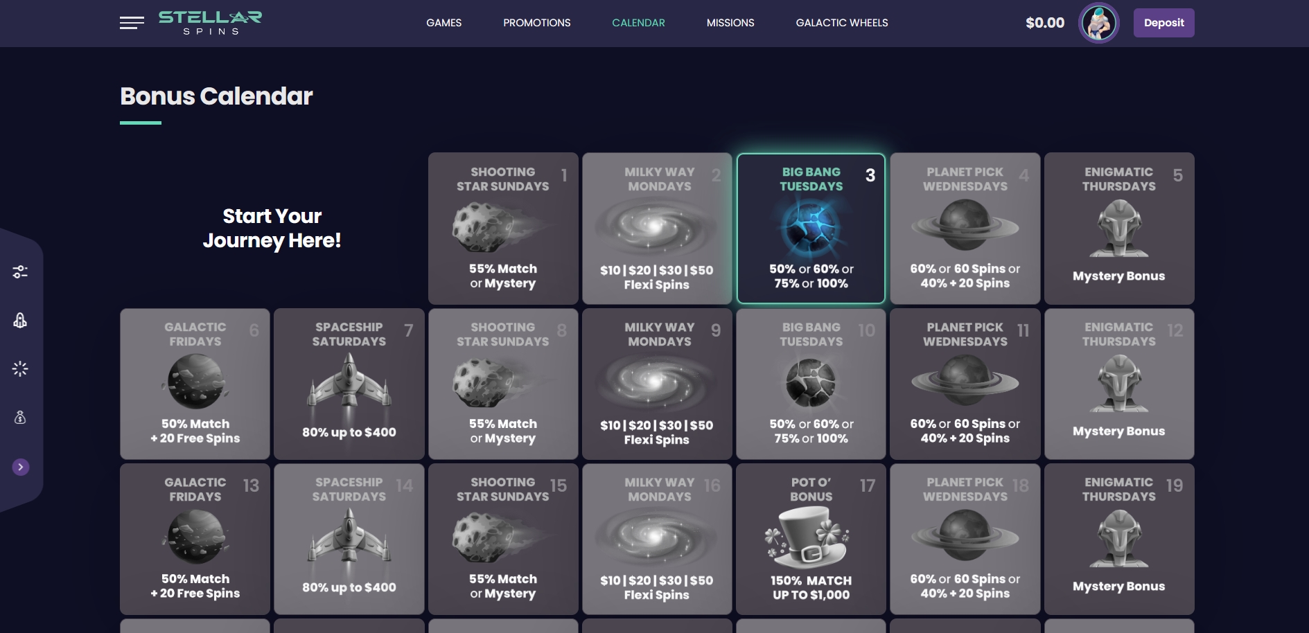 Stellar Spins Casino Bonus Calendar
