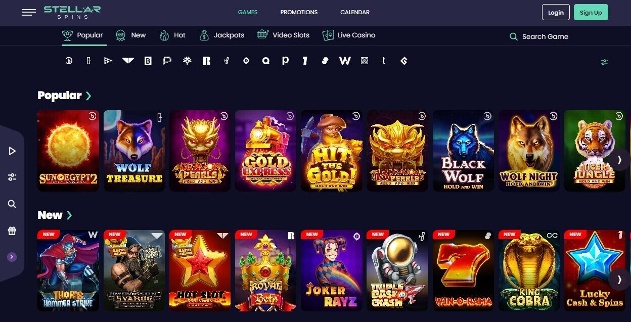 A 9x2 grid of game logos on a dark blue background. The navigation menu is shown at the top of the image in white and green text.