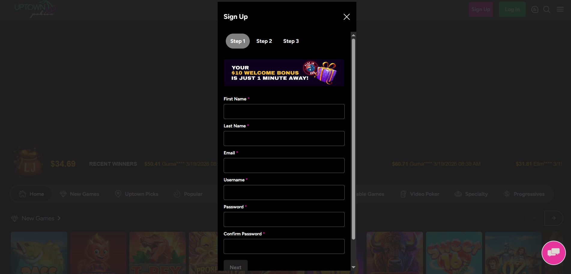 Uptown Pokies Casino Signup 1