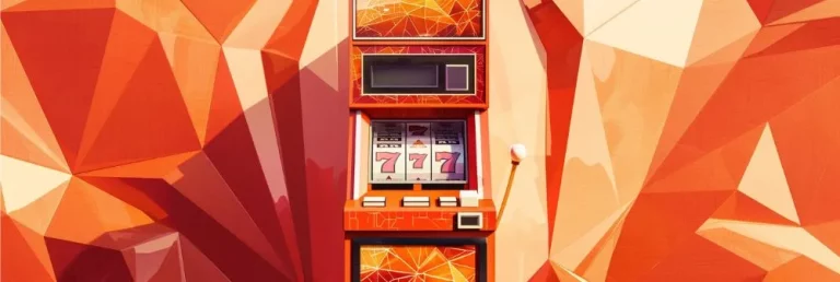 An orange-coloured classic slot machine on an orange geometric background
