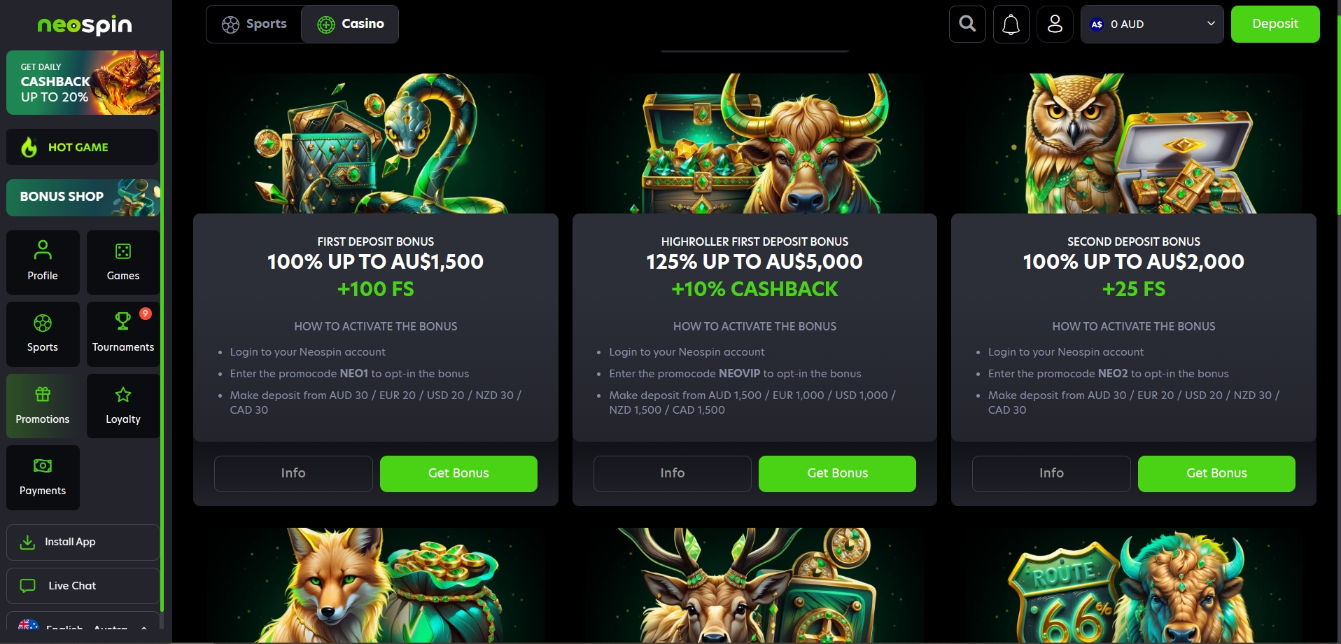 Neospin Casino Bonuses and promotions