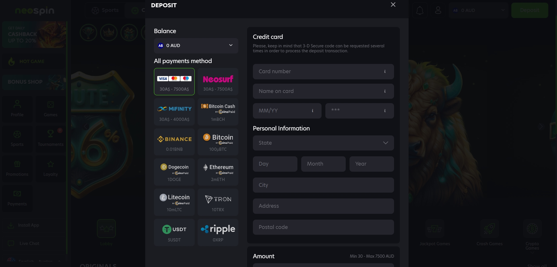 Neospin Casino Deposit methods