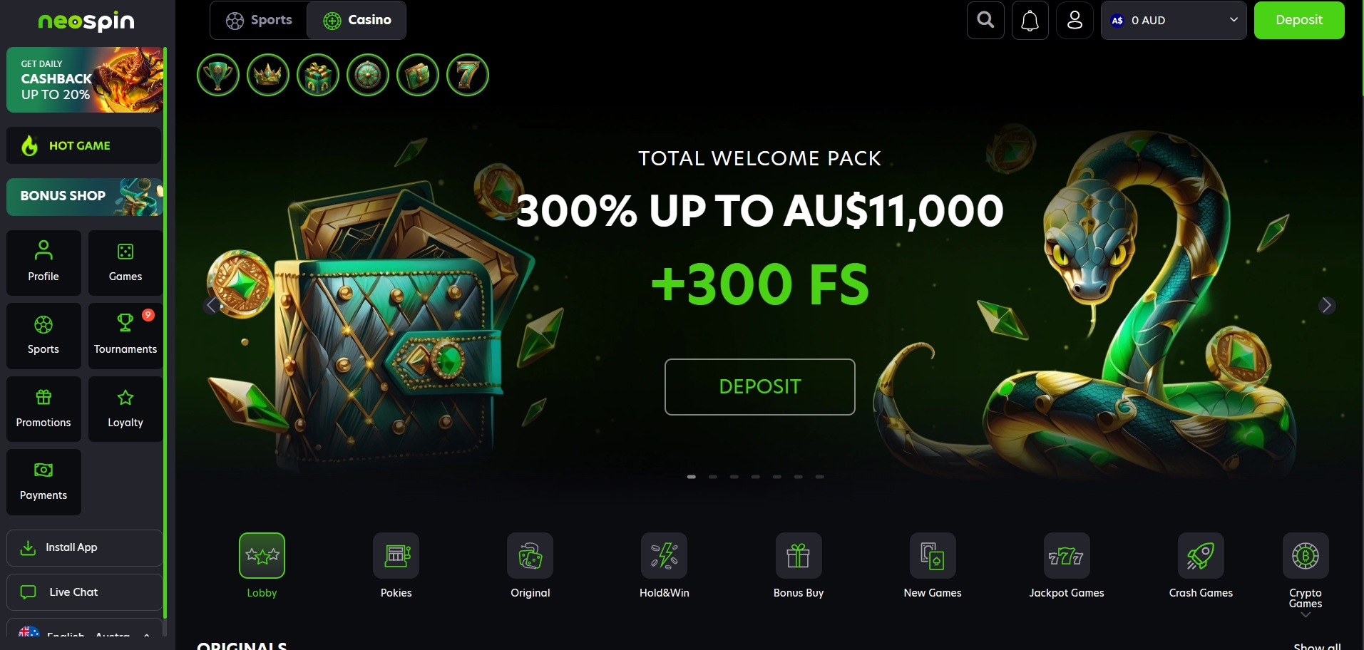 Neospin Casino main page