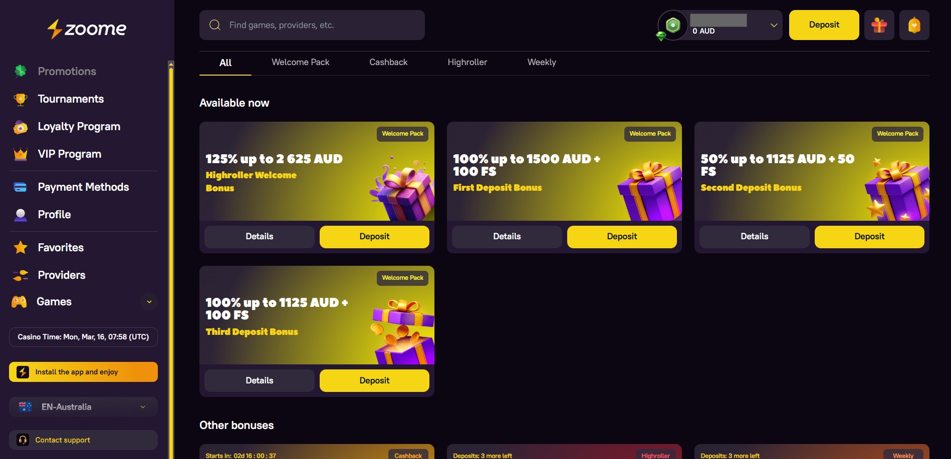Zoome Casino Welcome Bonuses