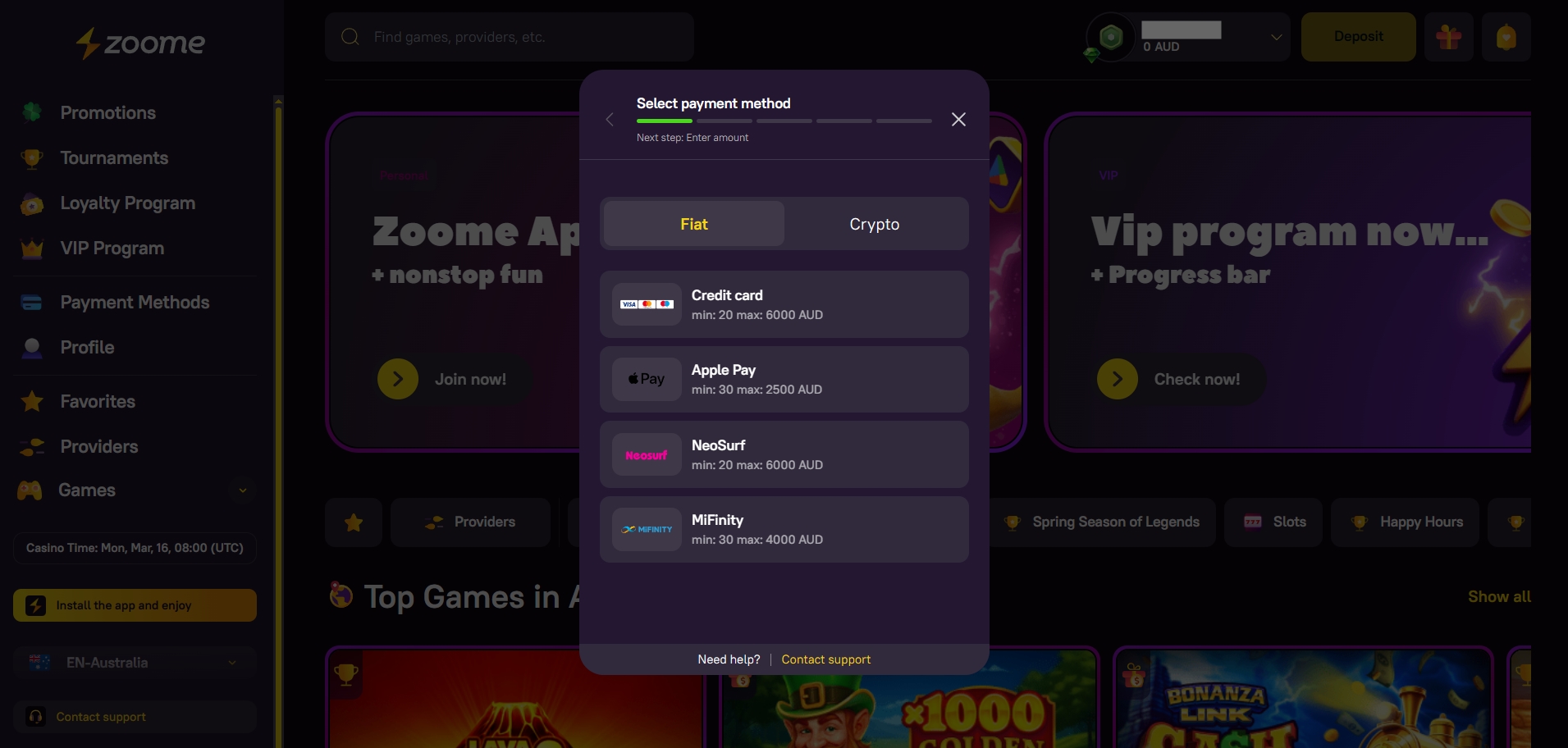 Zoome Casino Deposit methods