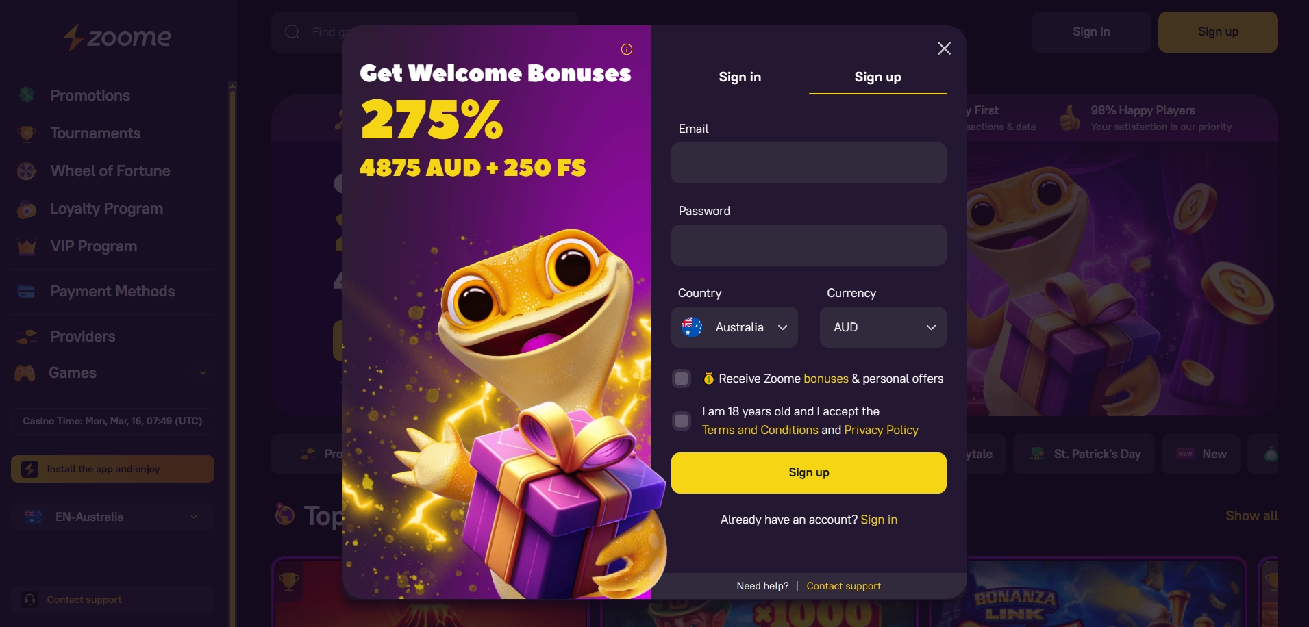 Zoome Casino Signup