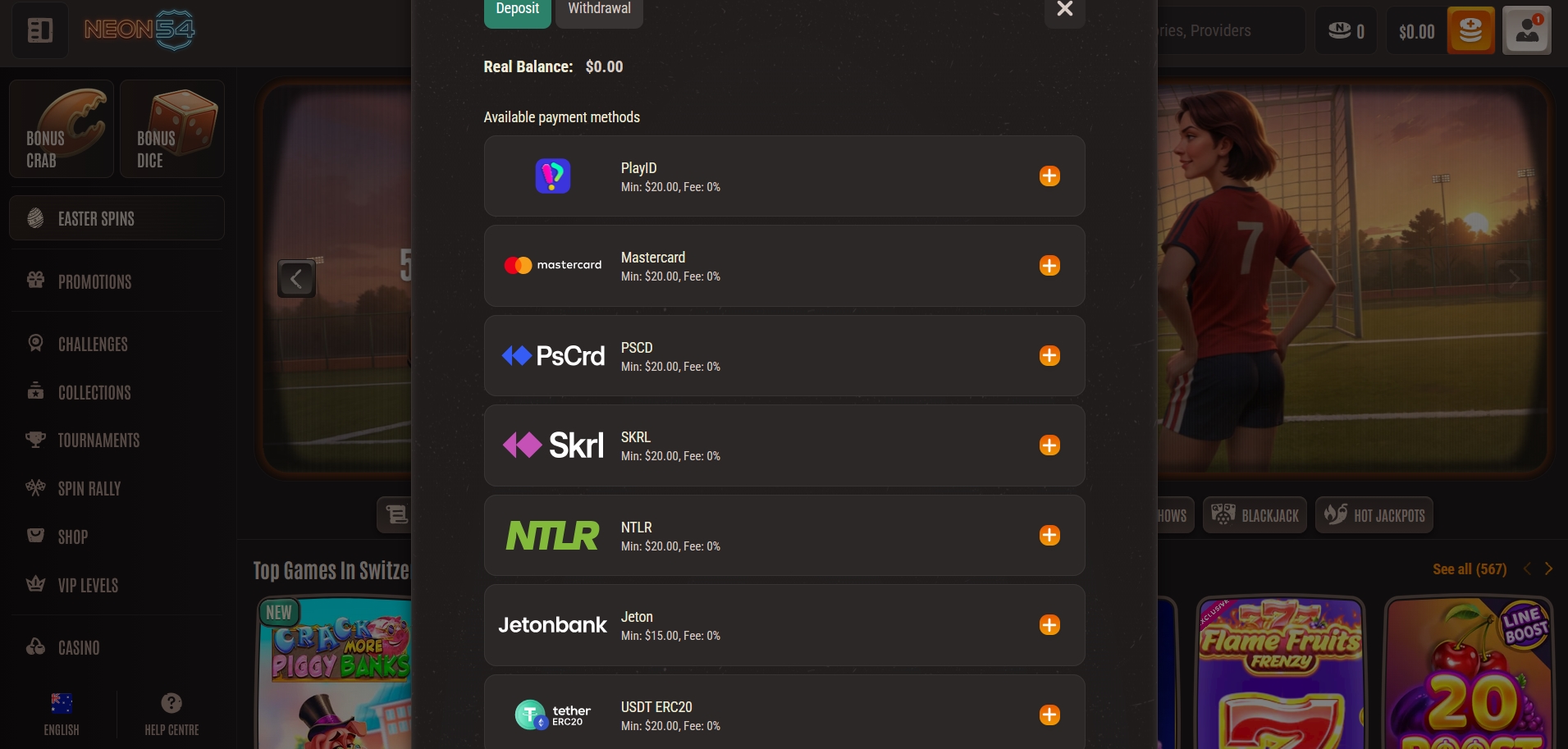 Neon54 Casino Deposit methods