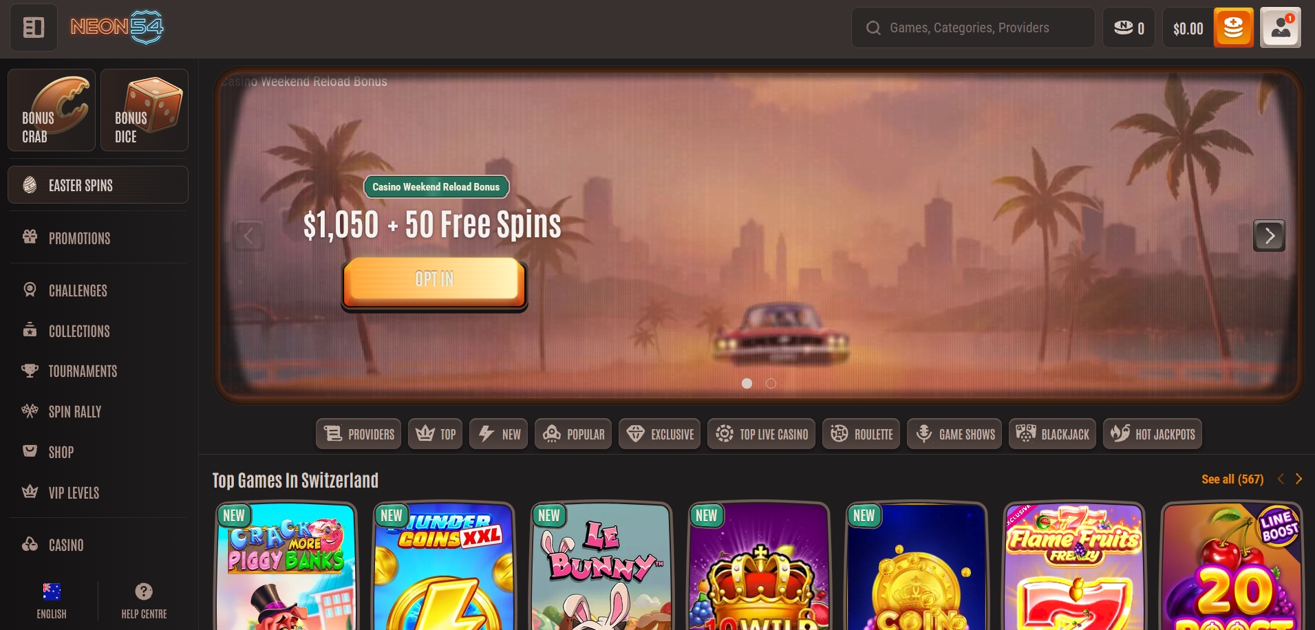 Neon54 Casino main page