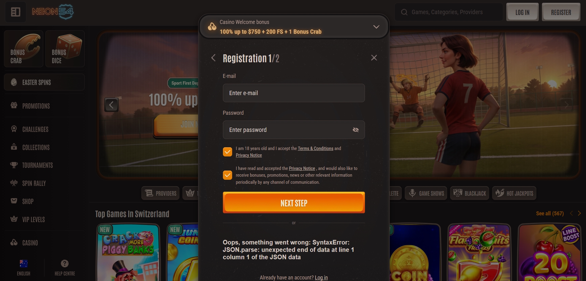 Neon54 Casino signup 2