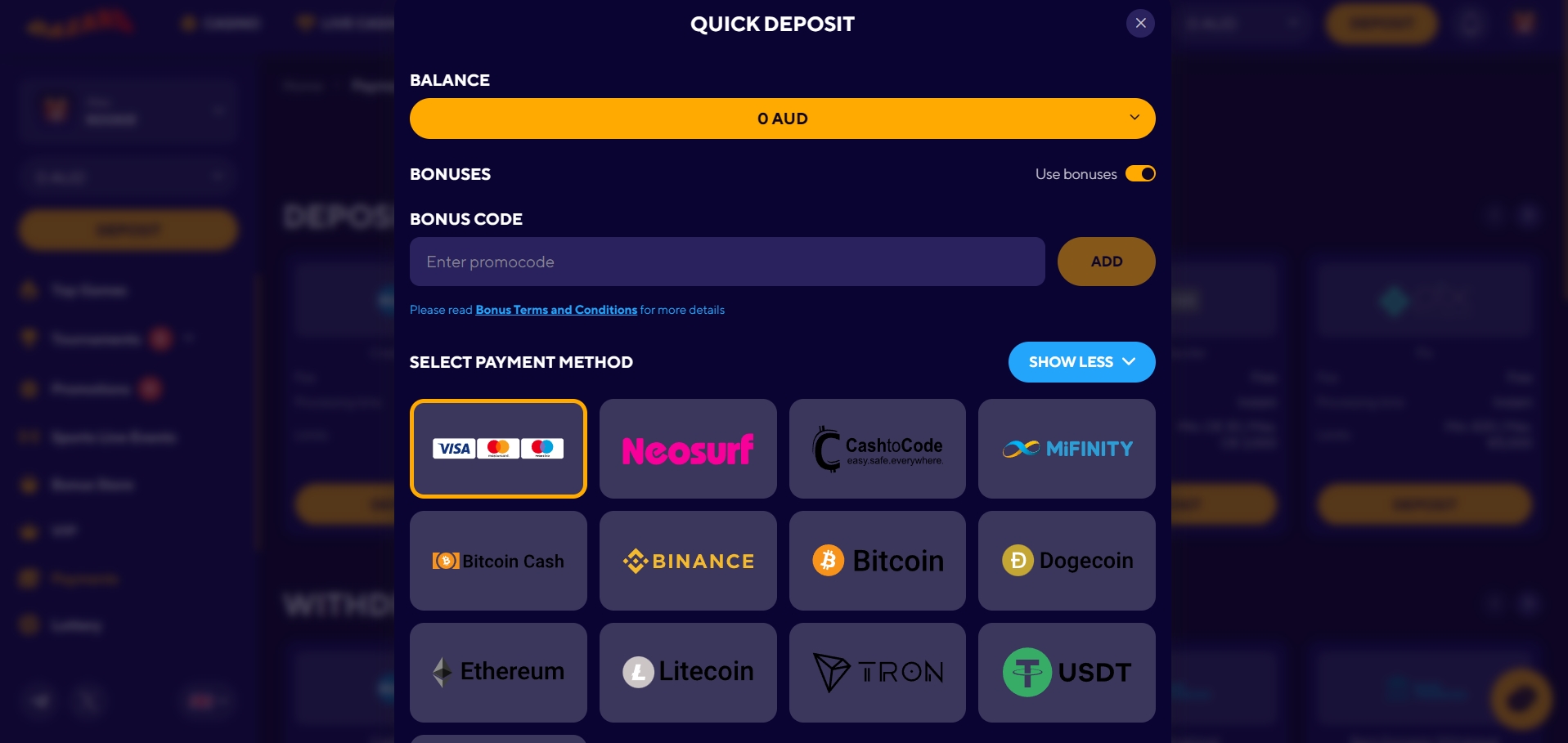 Dazard Casino Deposit methods