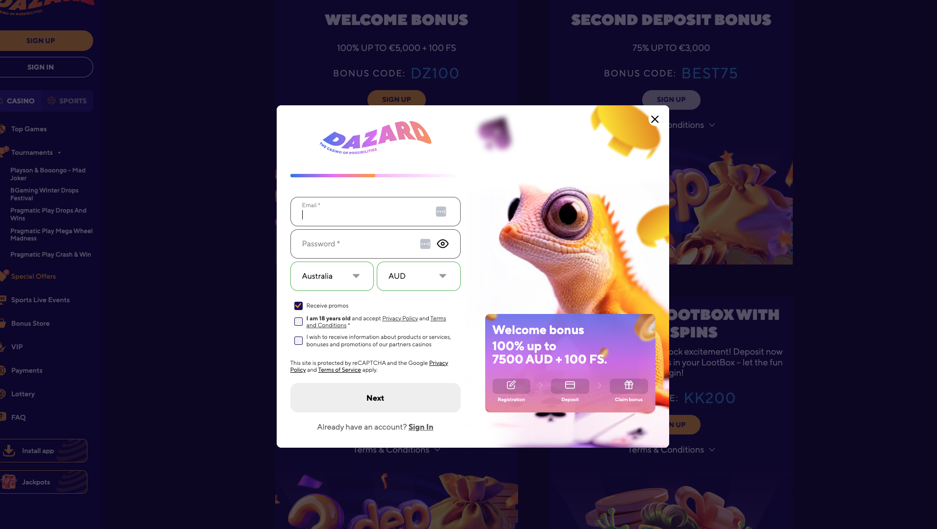 A screenshot of the Dazard sign up form page 1