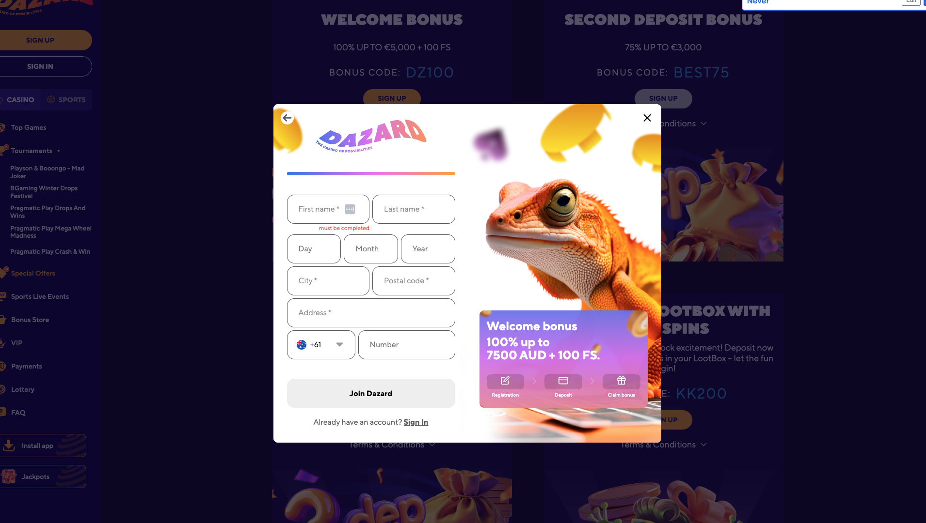 A screenshot of the Dazard sign up form page 2