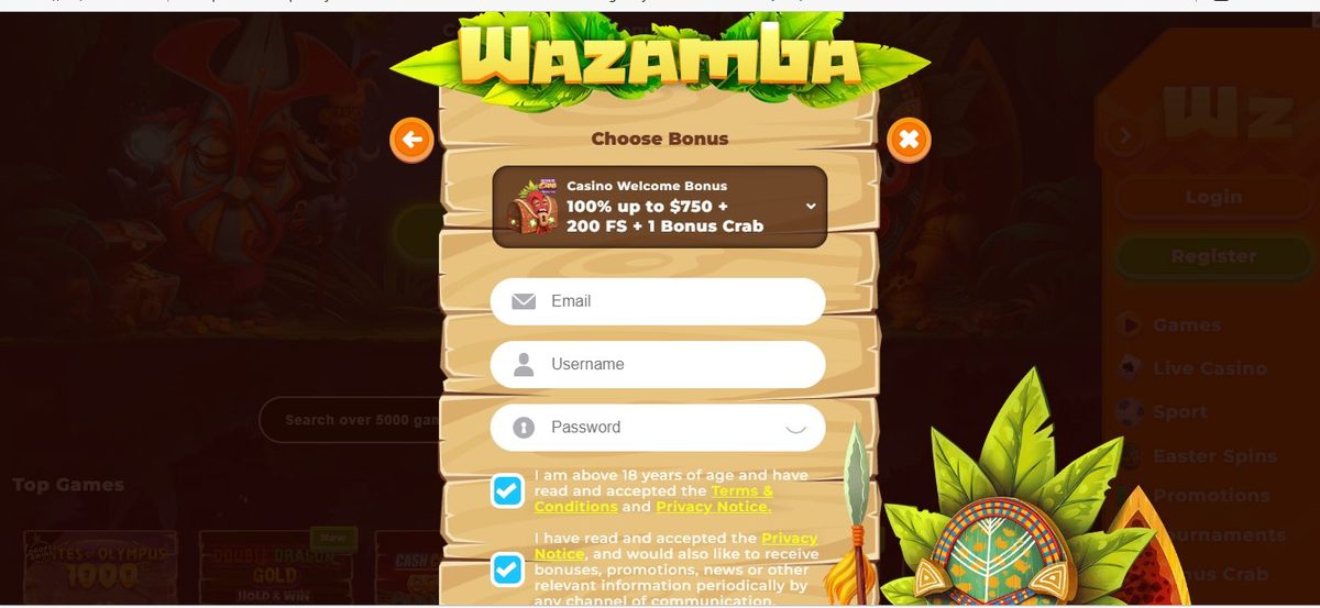 Wazamba Registration Page