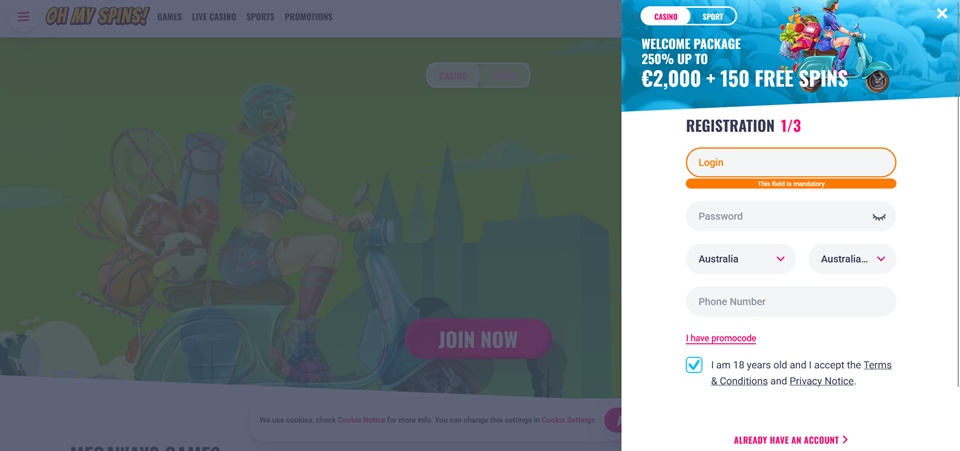 OhMySpins Casino signup for Aussies
