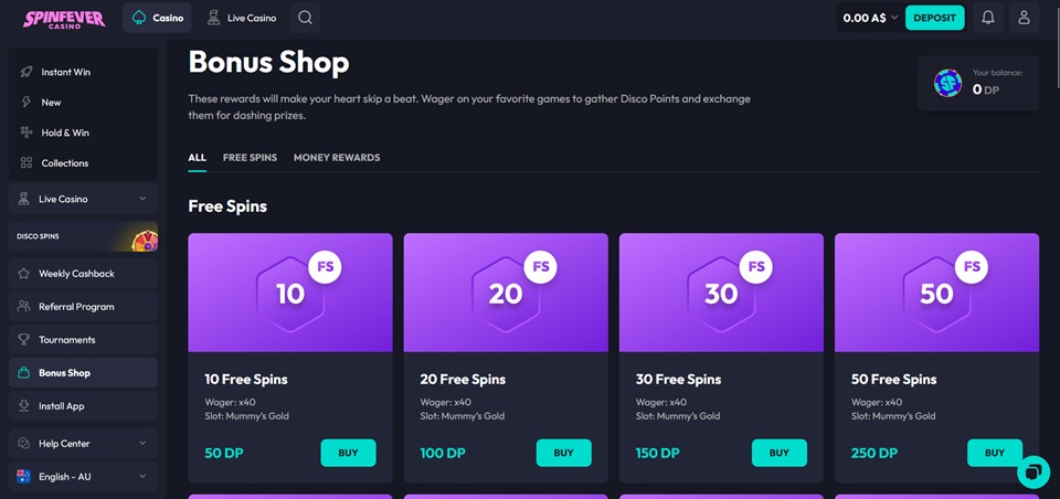 SpinFever Casino Bonus Shop
