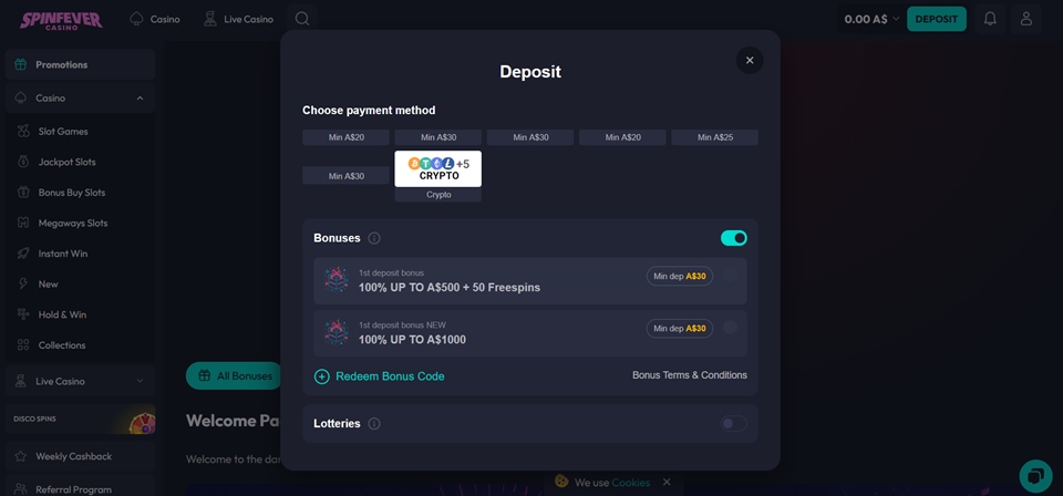 SpinFever Casino Deposit methods