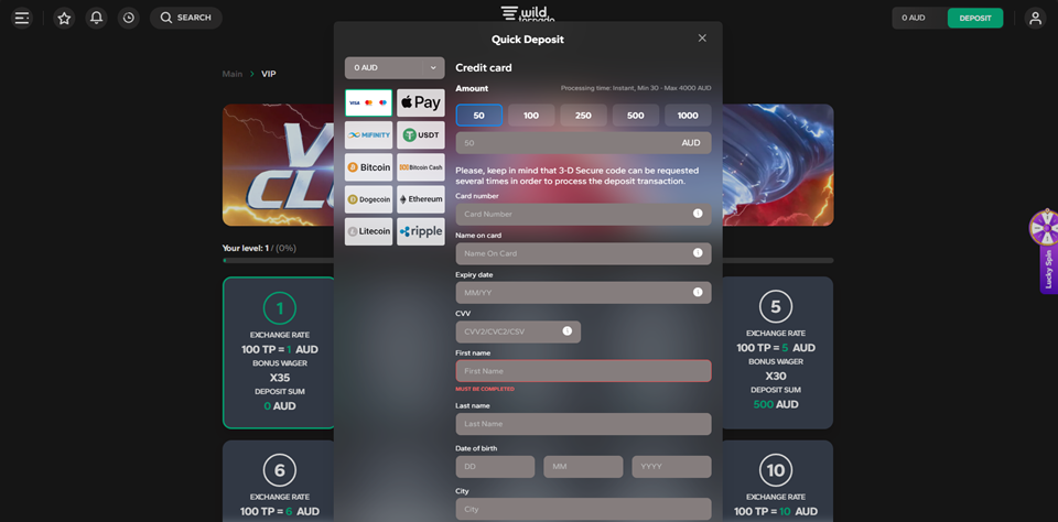 Wild Tornado Casino Deposit methods