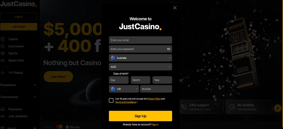 JustCasino Signup 1