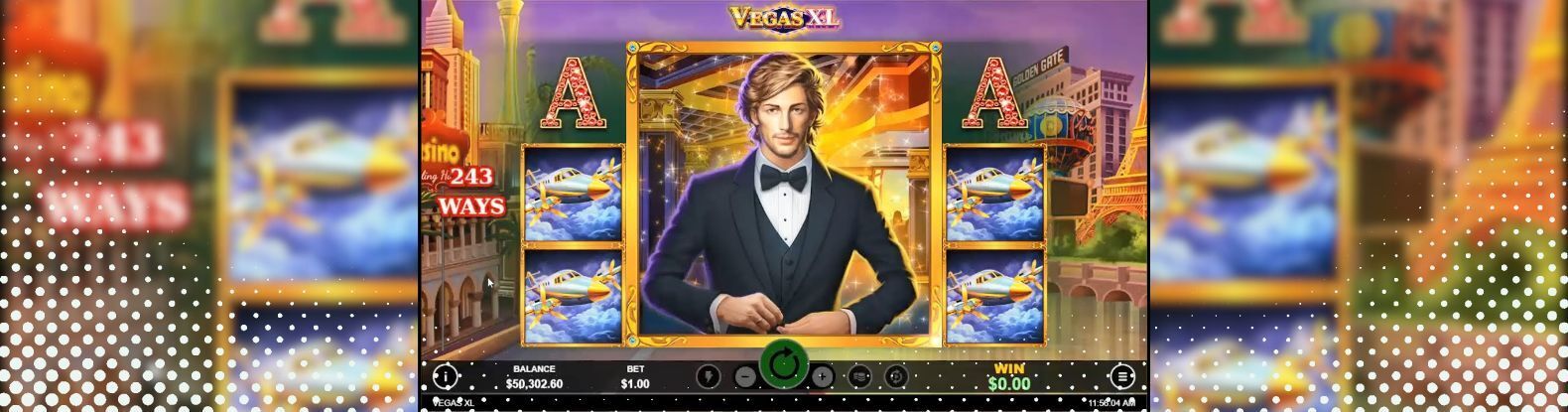 Screenshot of VegasXL pokies from Realtime Gaming featuring a blonde man in a black suit