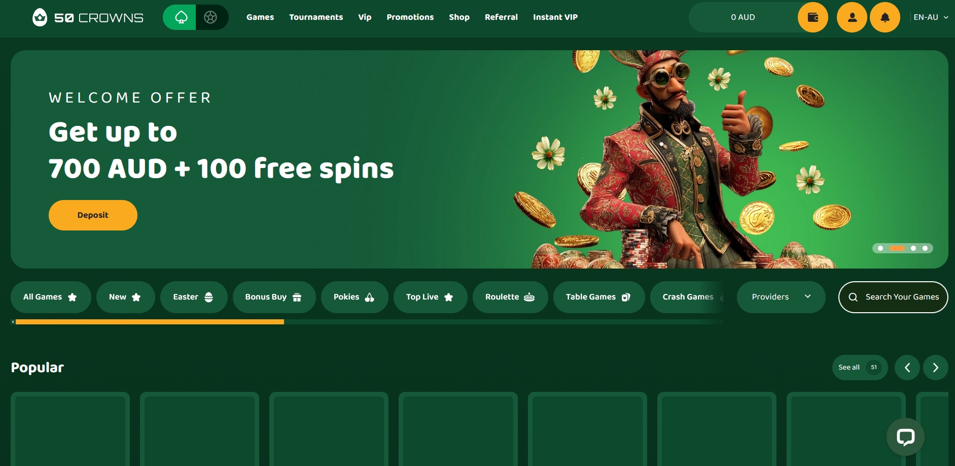 50 Crowns Casino main page
