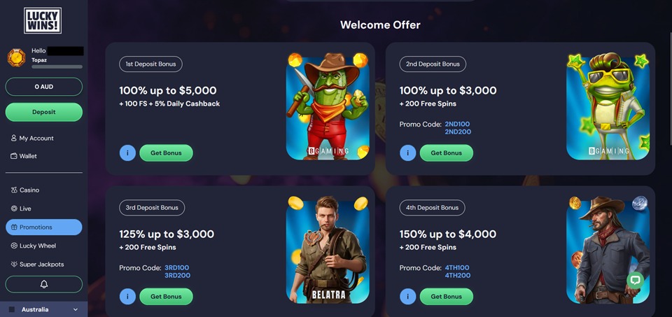 LuckyWins Casino Bonuses for Aussies
