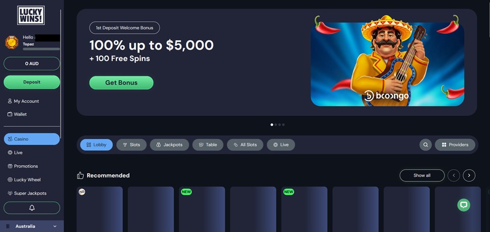 LuckyWins Casino homepage for Aussies