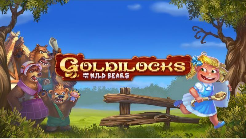 A group of bears and a little blonde girl next to a wooden fence in a forest setting with the Goldilocks and The Wild Bears Logo